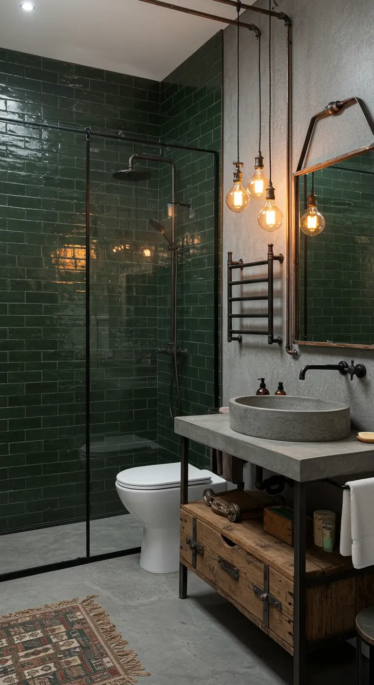 Industriële badkamer met donkergroene tegels, betonnen wasbak en houten meubel.