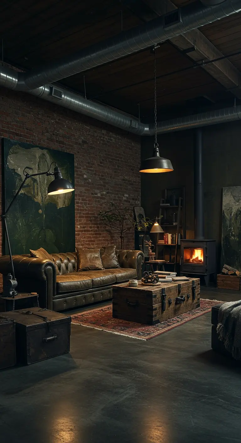 Industriële woonkamer met bakstenen muur, leren Chesterfield en houtkachel.