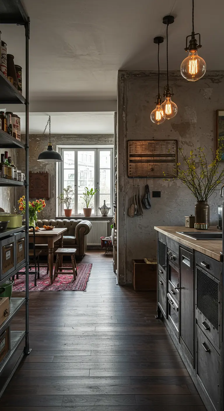 Industriële open keuken met donkere kasten, open rekken en zicht op eethoek met leren bank.