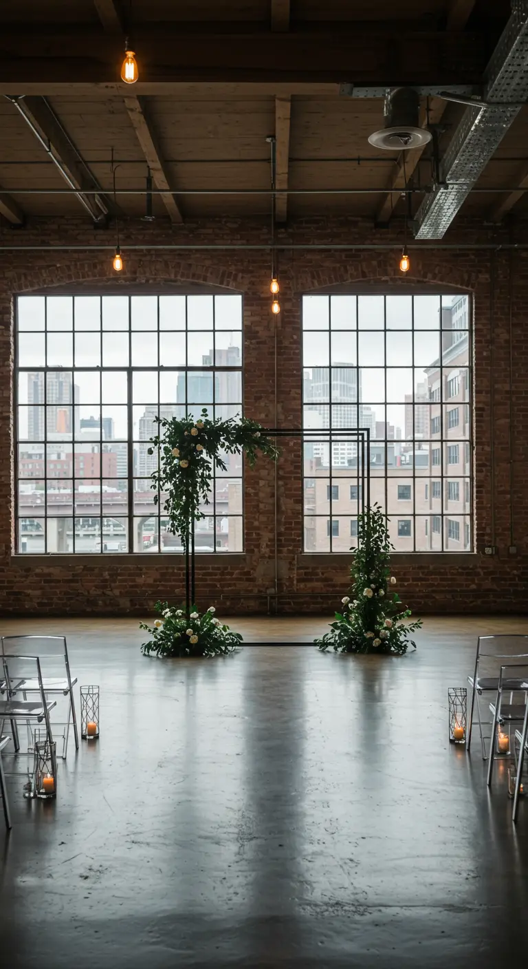 Minimalistische zwarte trouwboog met groen en witte bloemen in een industriële ruimte.