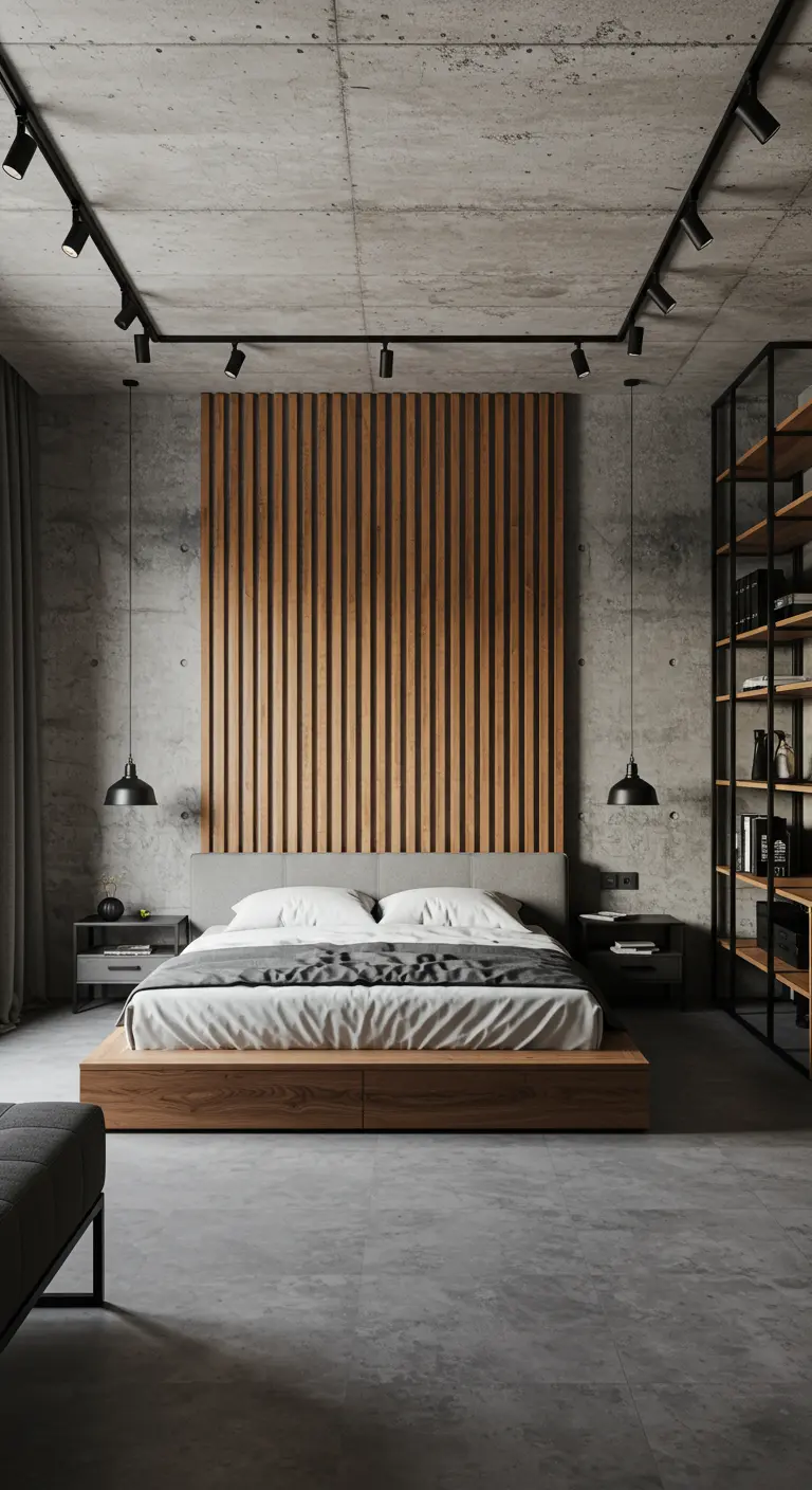 Industriële slaapkamer met houten lattenpaneel tegen betonnen muur en plafond.