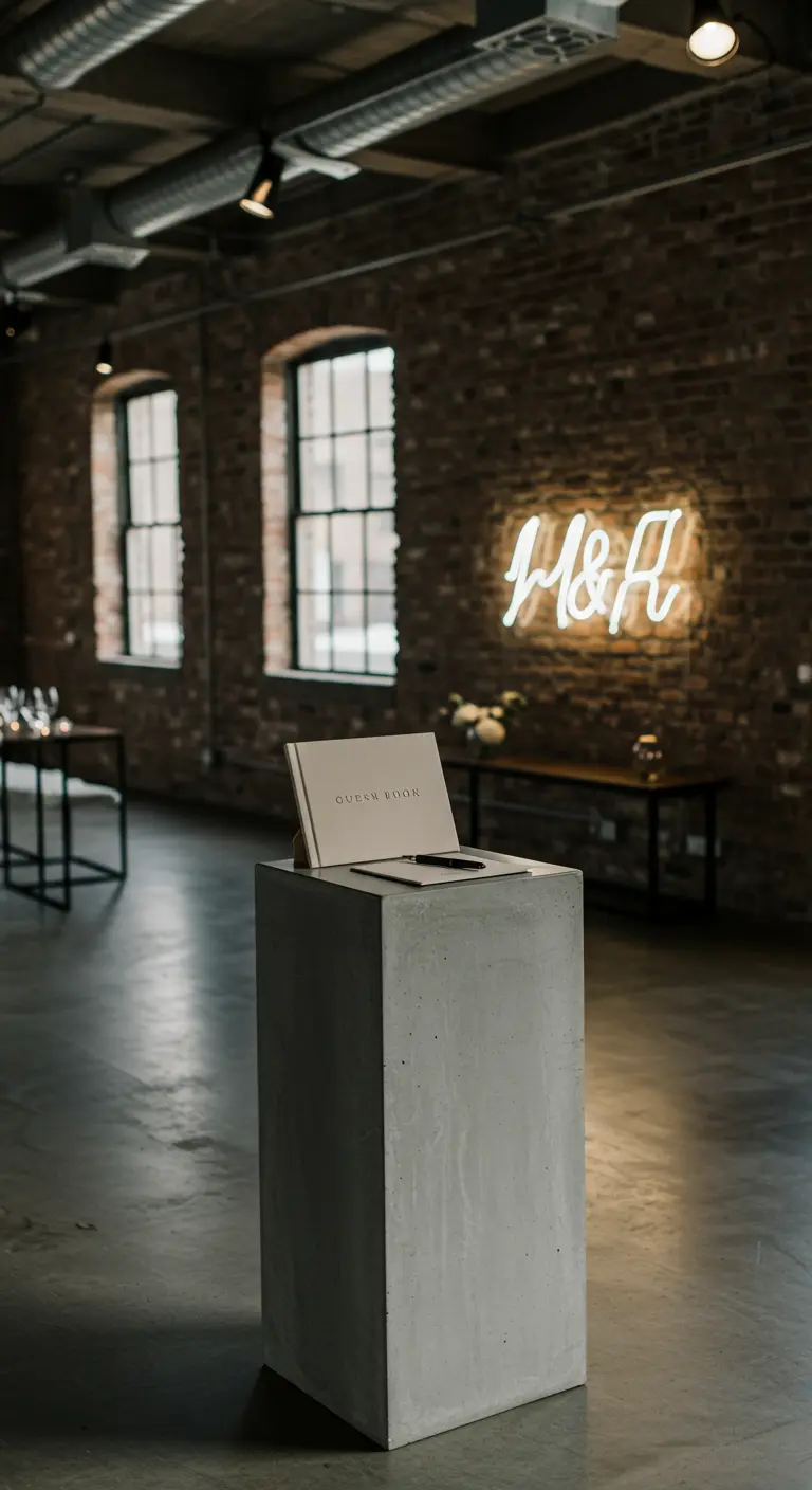 Minimalistisch gastenboek op betonnen sokkel met neon sign op de achtergrond.
