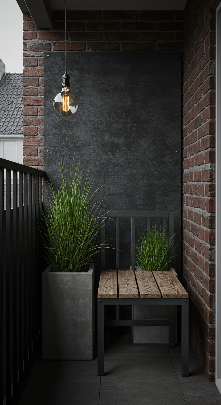 Industrieel balkon met donkere wand, metalen bankje en hoge grassen.