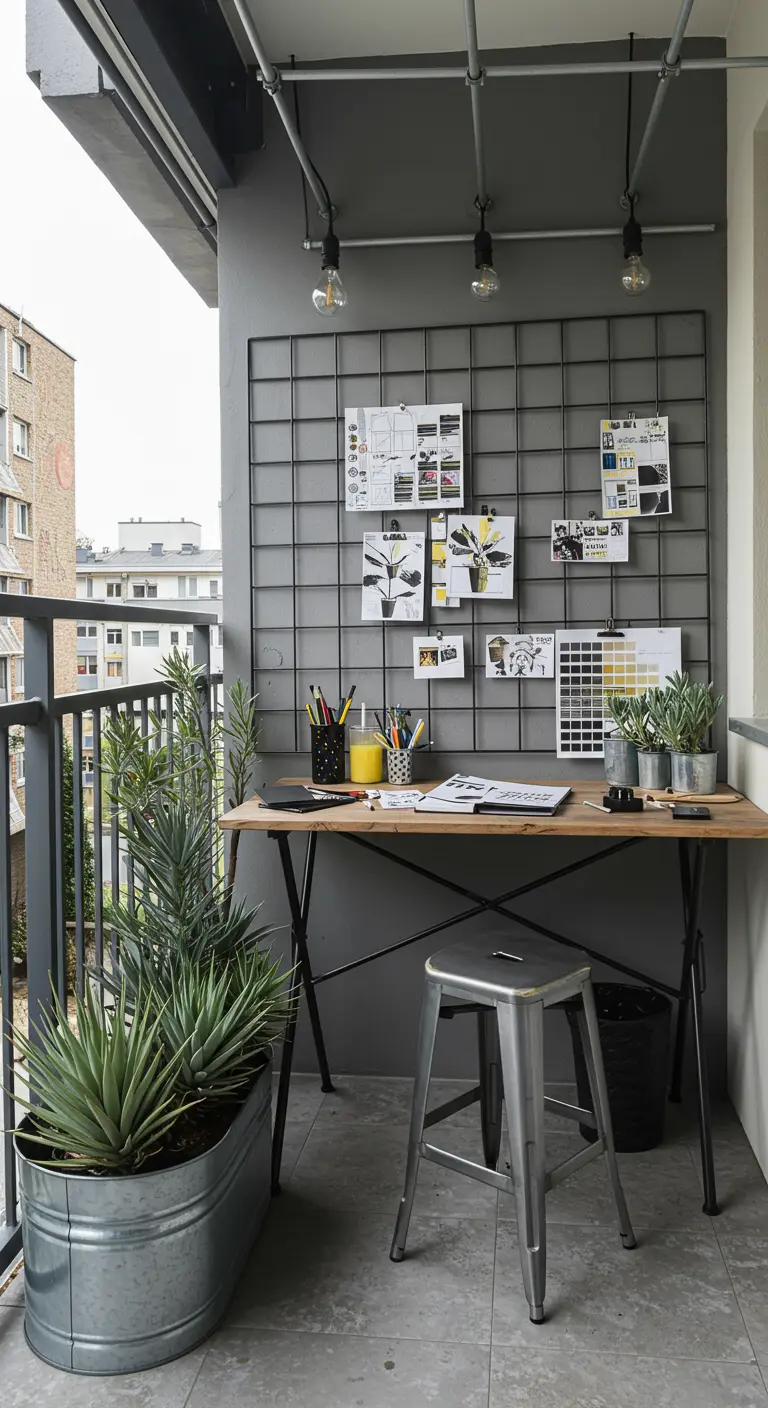 Balkon met industrieel bureau, metalen grid als moodboard en planten in zinken potten.