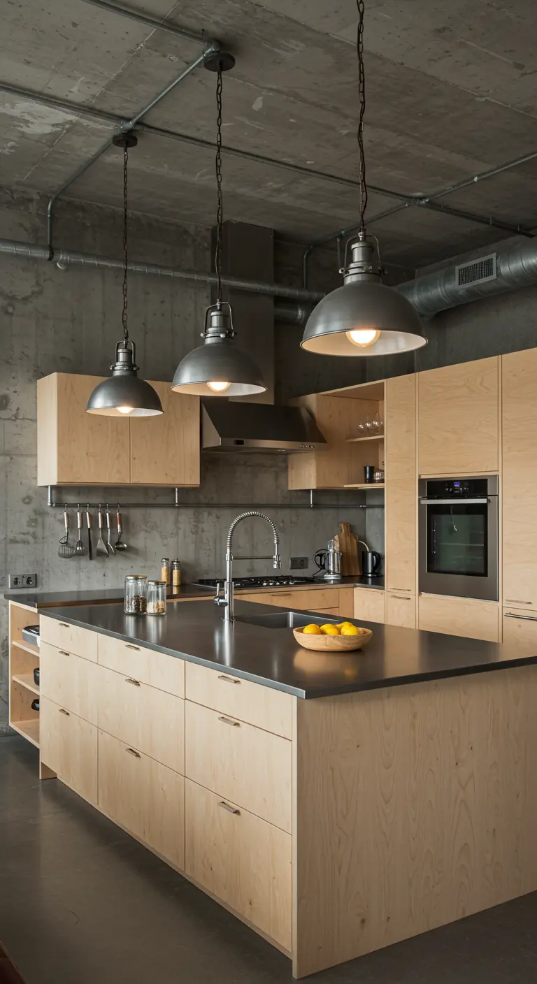 Industriële keuken met licht multiplex houten kasten en betonnen elementen.
