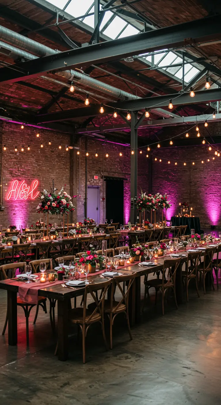 Industriële trouwlocatie met lange tafels, neon verlichting en roze accenten.