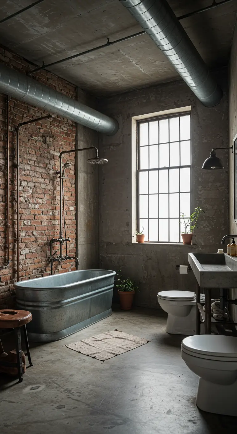 Industriële wabi-sabi badkamer met bakstenen muur, betonnen elementen en metalen badkuip.