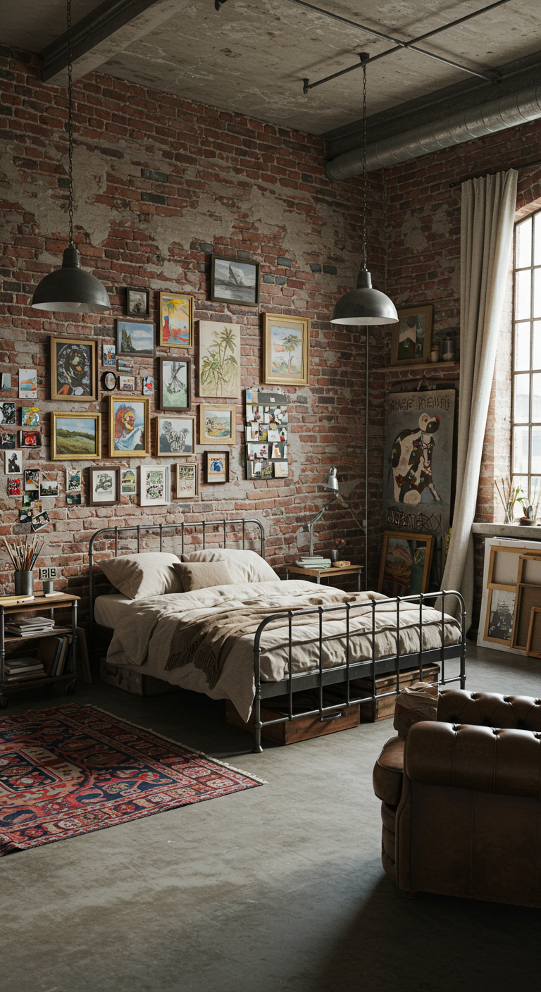 Industriële slaapkamer met een gallery wall van diverse kunstwerken boven een metalen bed.