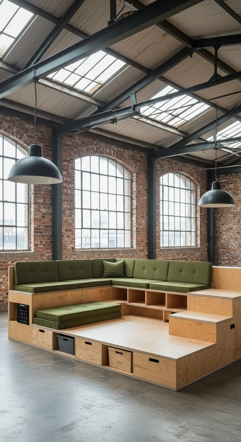 Houten U-vormige zitbank op platform met opberglades eronder, industriële setting.