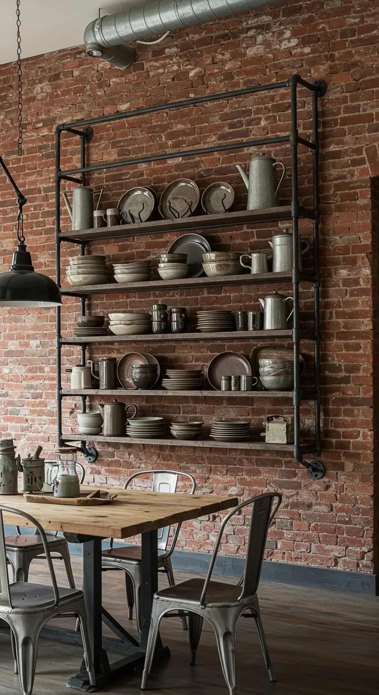 Industrieel metalen buizenrek tegen bakstenen muur, gevuld met aardewerk servies.