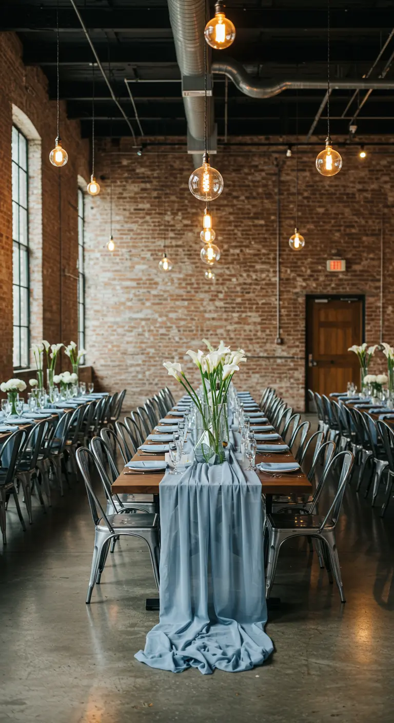 Lange tafel in industriële ruimte met lichtblauwe chiffon loper en witte calla lelies.