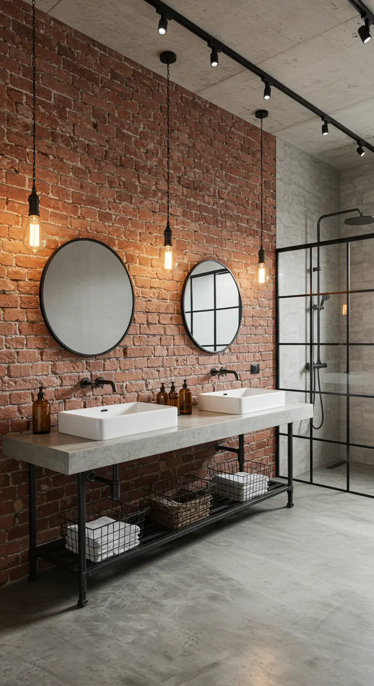 Industriële badkamer met bakstenen muur, dubbele wastafel op betonnen blad en hanglampen.