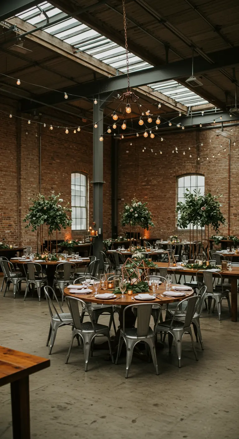 Industriële bruiloftssetting met ronde houten tafels, metalen stoelen en hoge groene centerpieces.