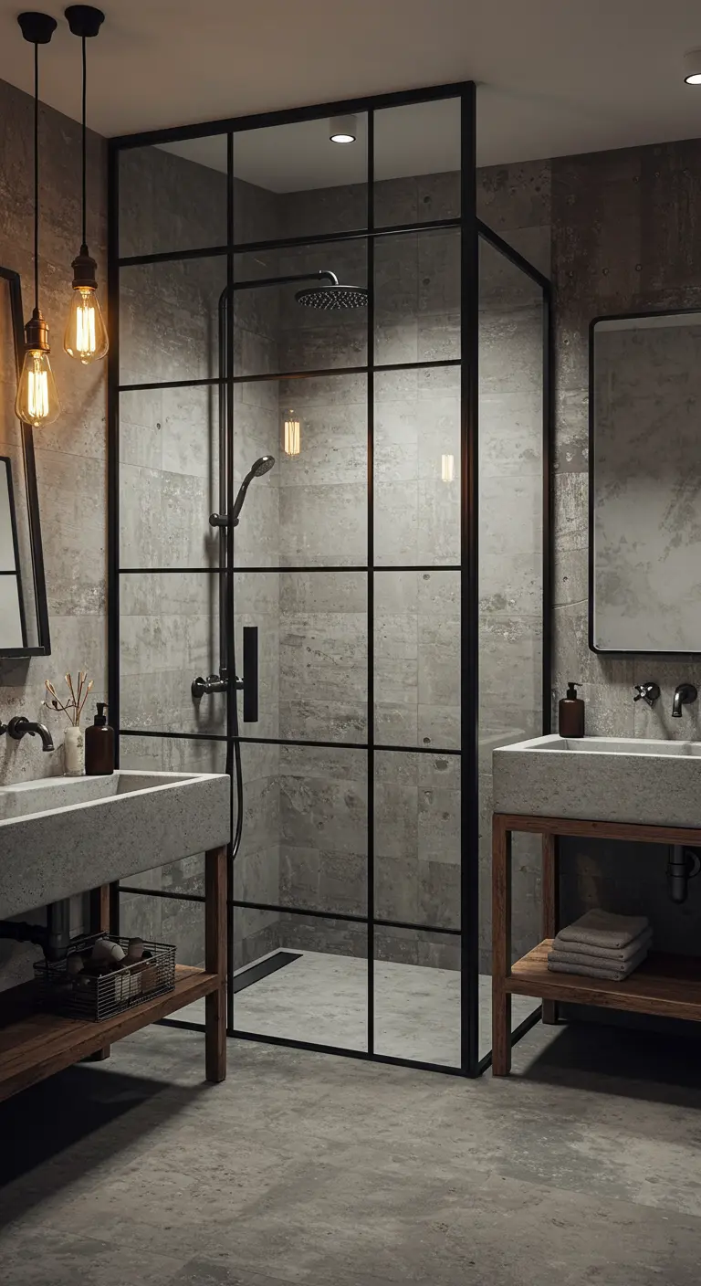 Industriële douche met zwart stalen frame, betonlook tegels en dubbele wastafel.