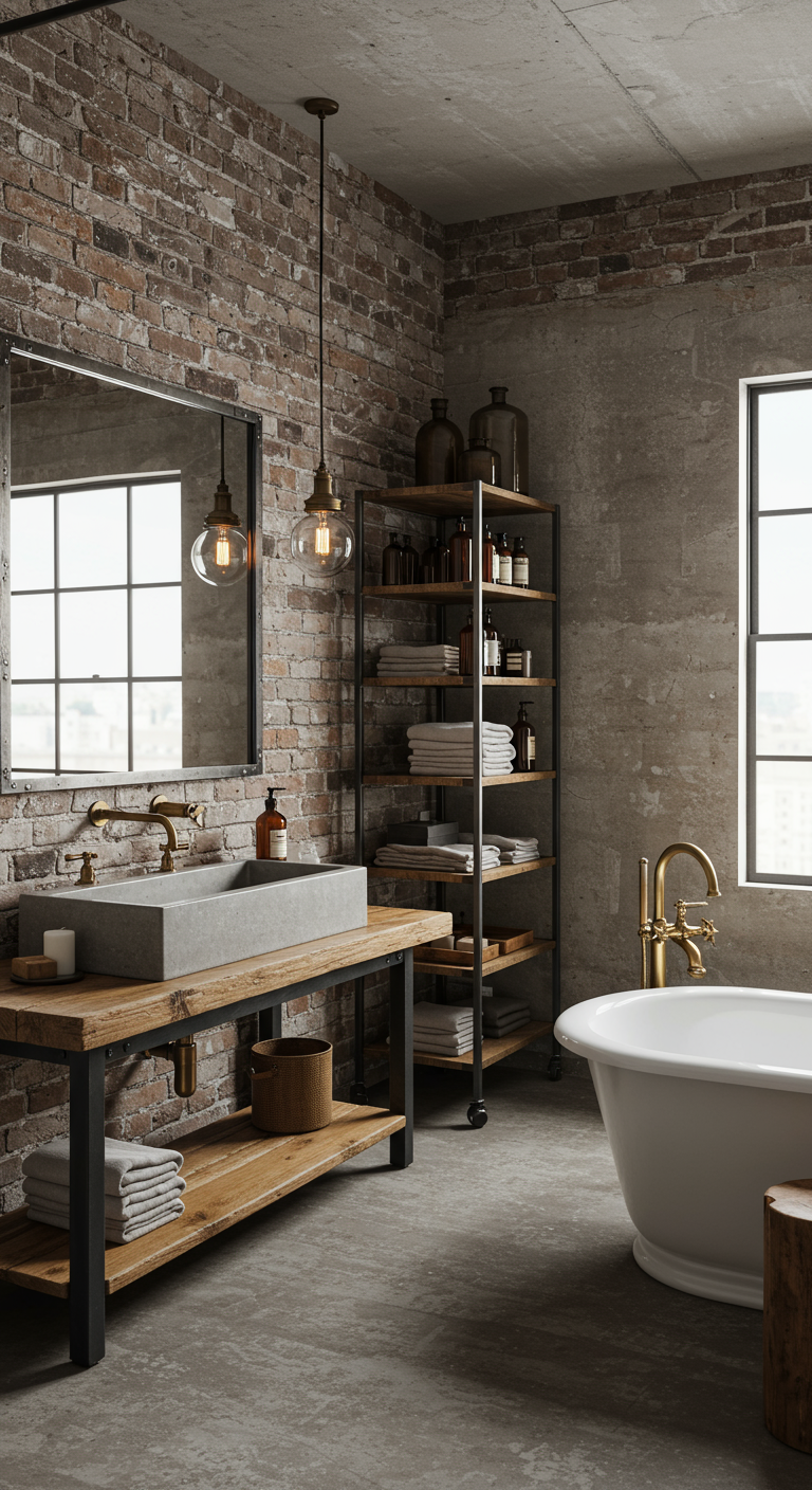 Industriële badkamer met bakstenen muur, open metalen rek en messing kranen.