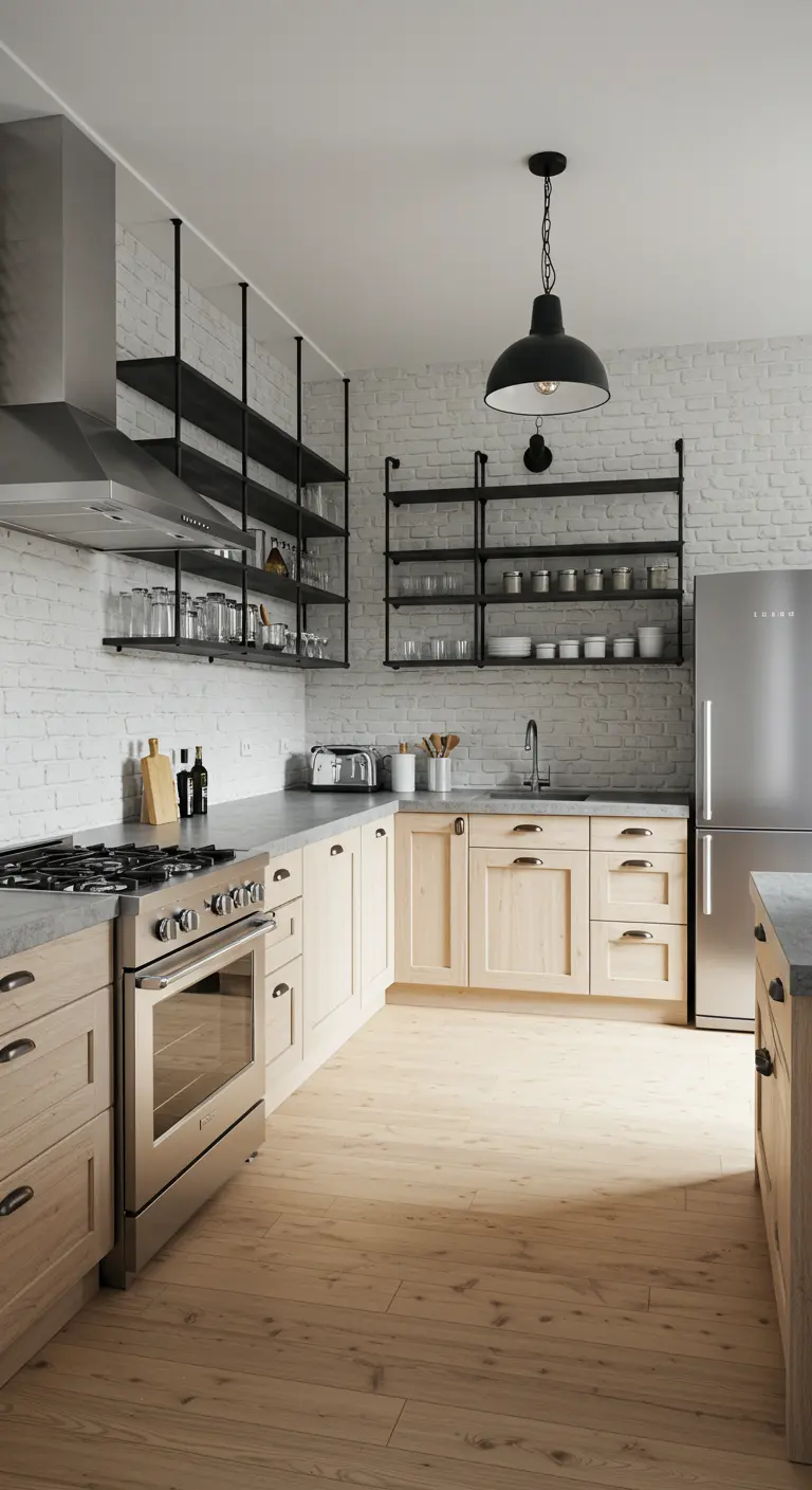 Scandinavische keuken met lichte houten kasten en zwarte industriële rekken.