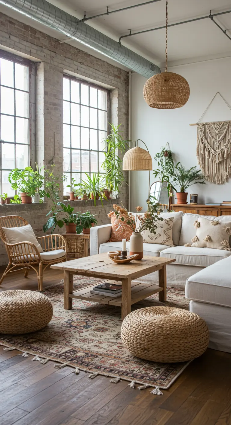 Lichte woonkamer met industriële ramen, rotan meubels en veel planten.