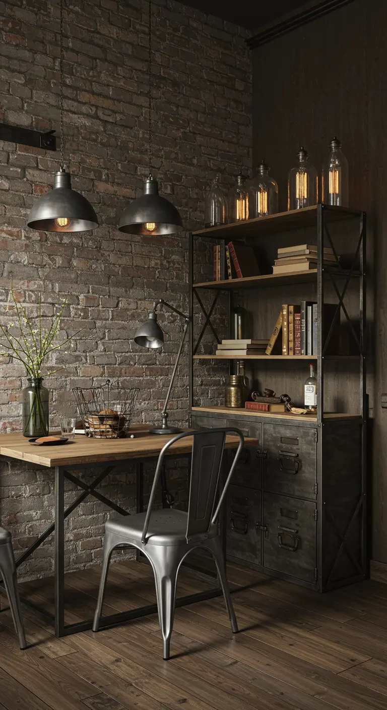 Industriële werkplek met bakstenen muur, metalen stellingkast en houten bureau.