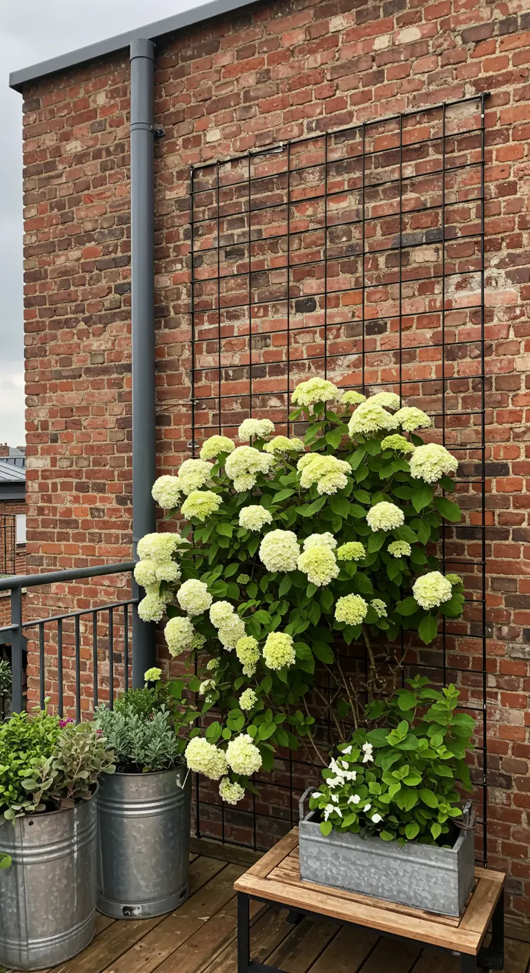 Klimhortensia met witte bloemen groeit tegen een zwart metalen raster op een bakstenen muur.