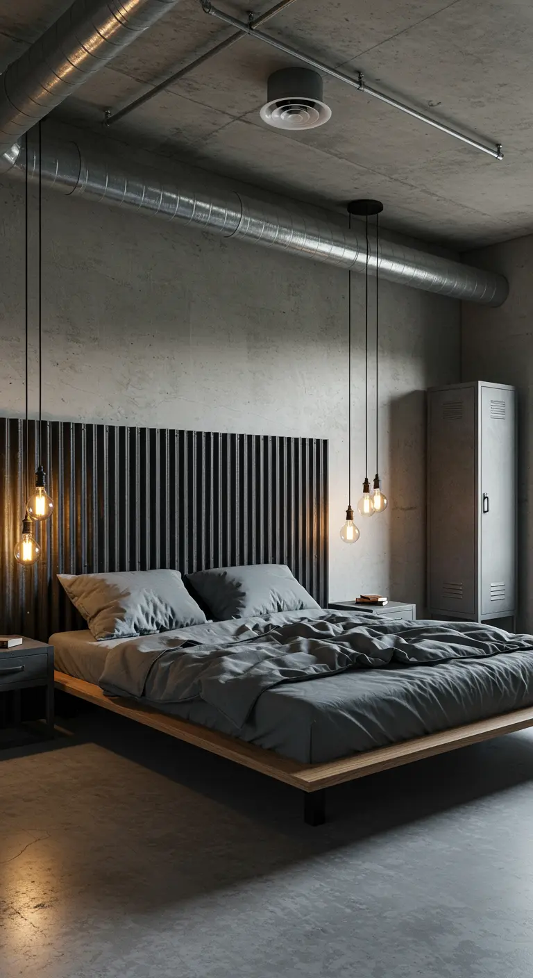 Industrieel hoofdbord van zwarte verticale metalen lamellen in een betonnen slaapkamer.