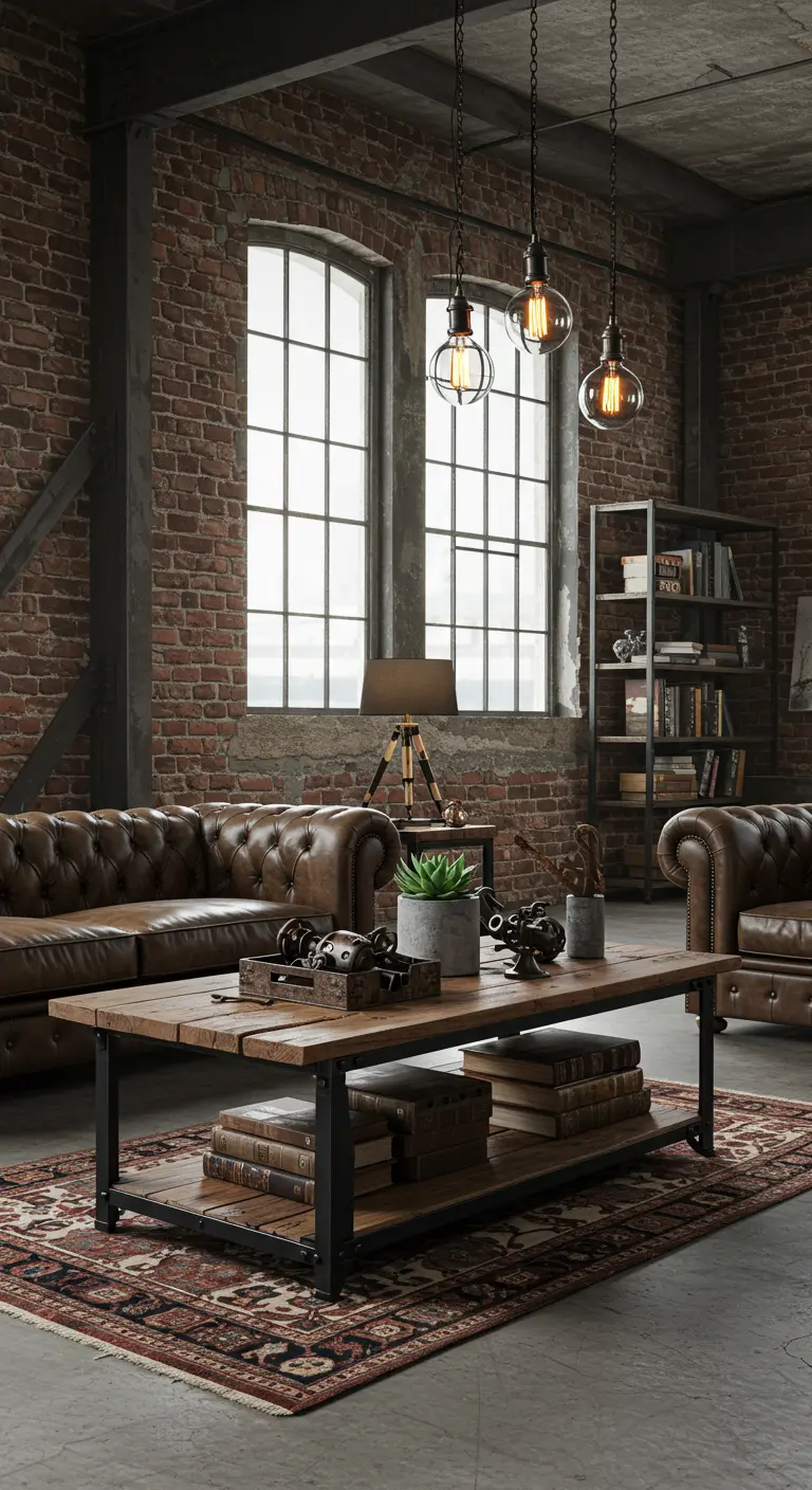 Industriële salontafel van hout en metaal met boeken en vintage decoraties.