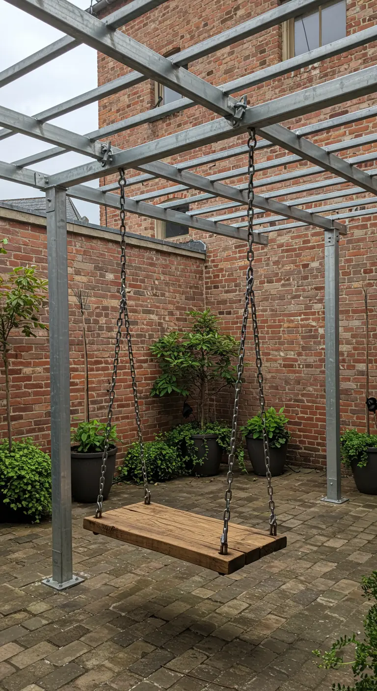 Houten schommelplank aan kettingen onder een industriële metalen pergola.