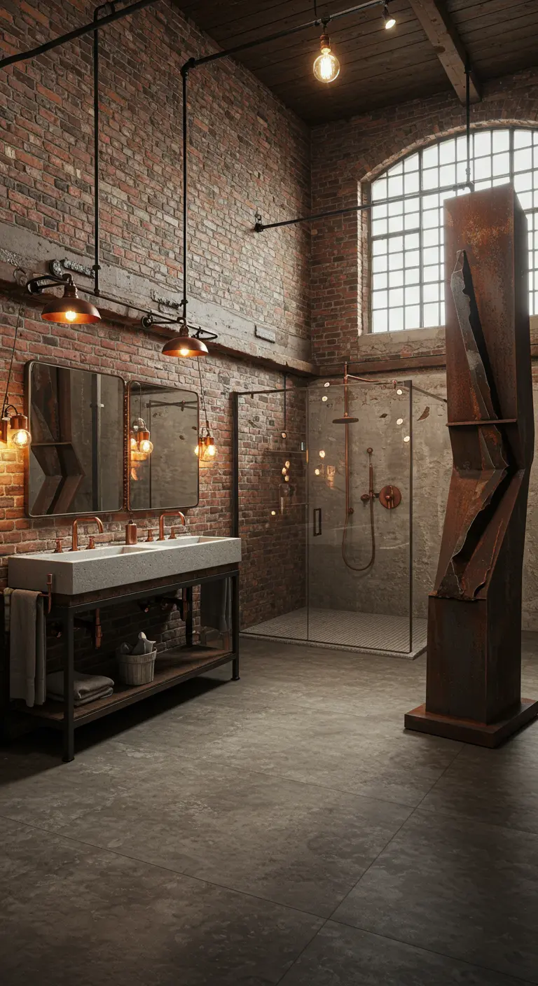 Industriële badkamer met bakstenen muur en grote, roestige metalen sculptuur naast glazen douche.