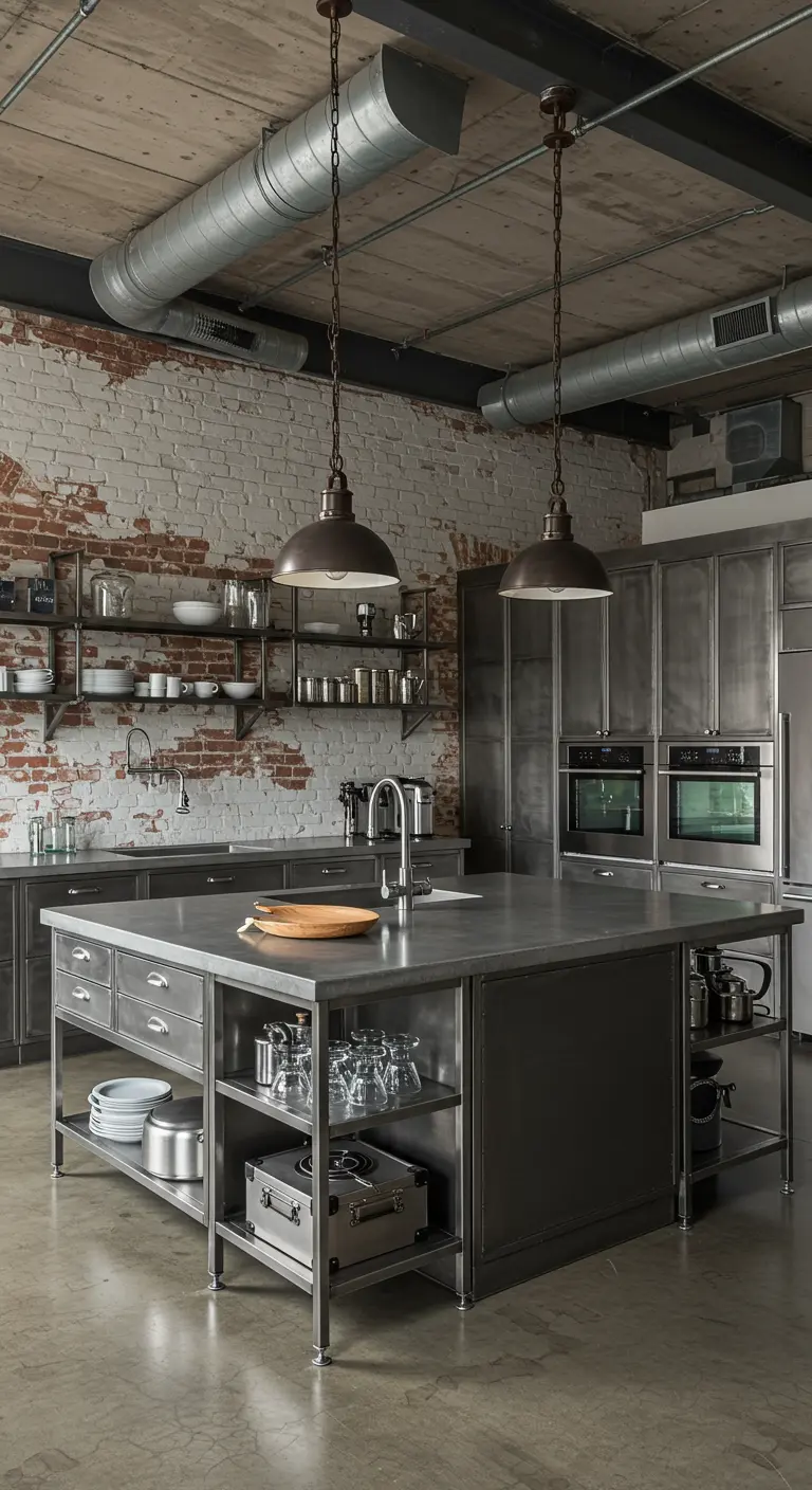 Industriële keuken met RVS kasten, bakstenen muur en metalen stellingen.