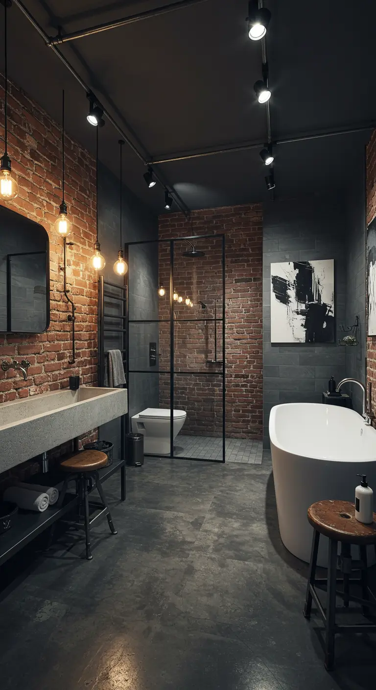 Industriële badkamer met donkergrijs plafond, bakstenen muur en betonlook.