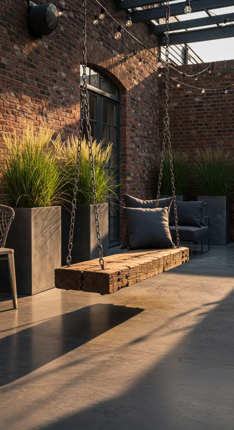 Robuuste houten balkenschommel met kettingen op industrieel terras met bakstenen muur.