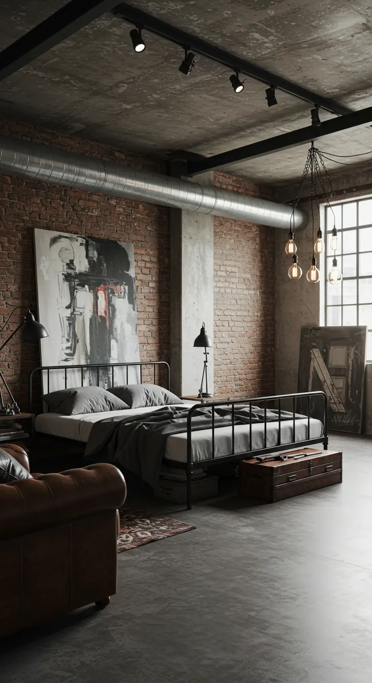 Industriële slaapkamer met metalen bedframe in het midden, bakstenen muur en grote kunst.