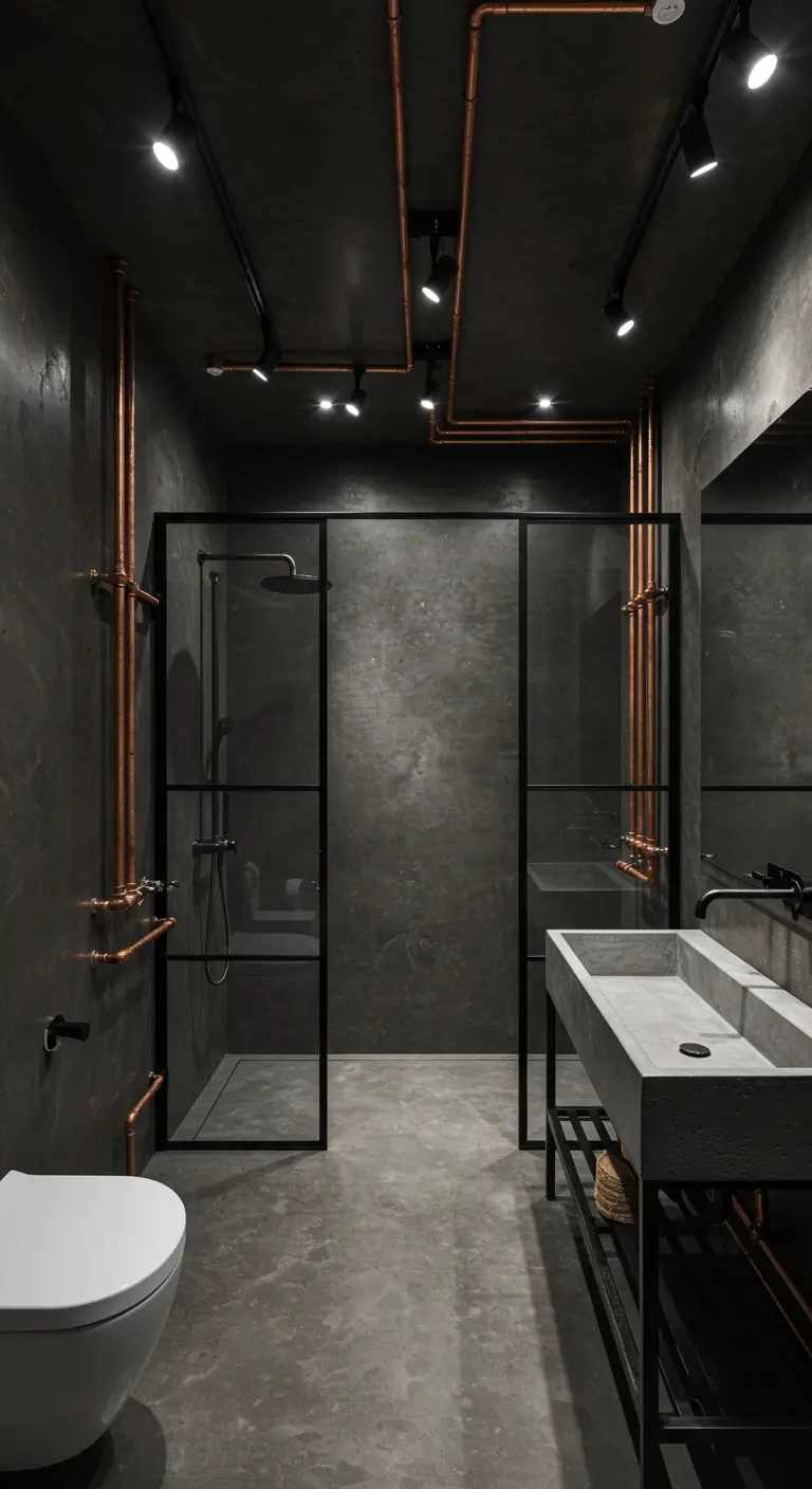 Industriële badkamer met donkere betonlook muren, koperen leidingen en betonnen wasbak.