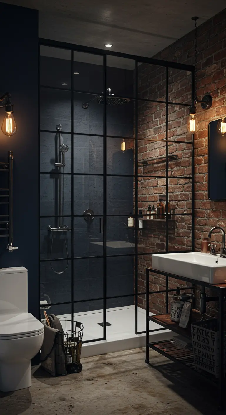 Industriële badkamer met zwart stalen frame douchewand en bakstenen muur.