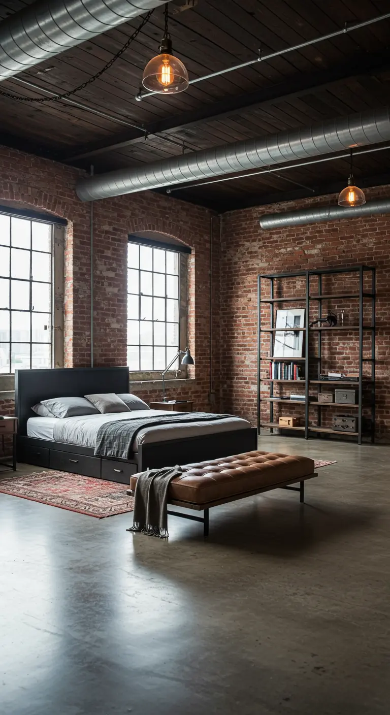 Industriële slaapkamer met bakstenen muur, donker bed en leren bankje op metalen frame.