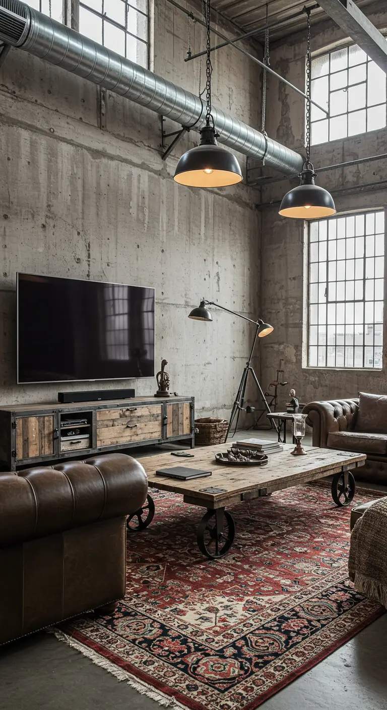 Industriële TV-hoek met betonnen muur, metalen lampen en leren bank.