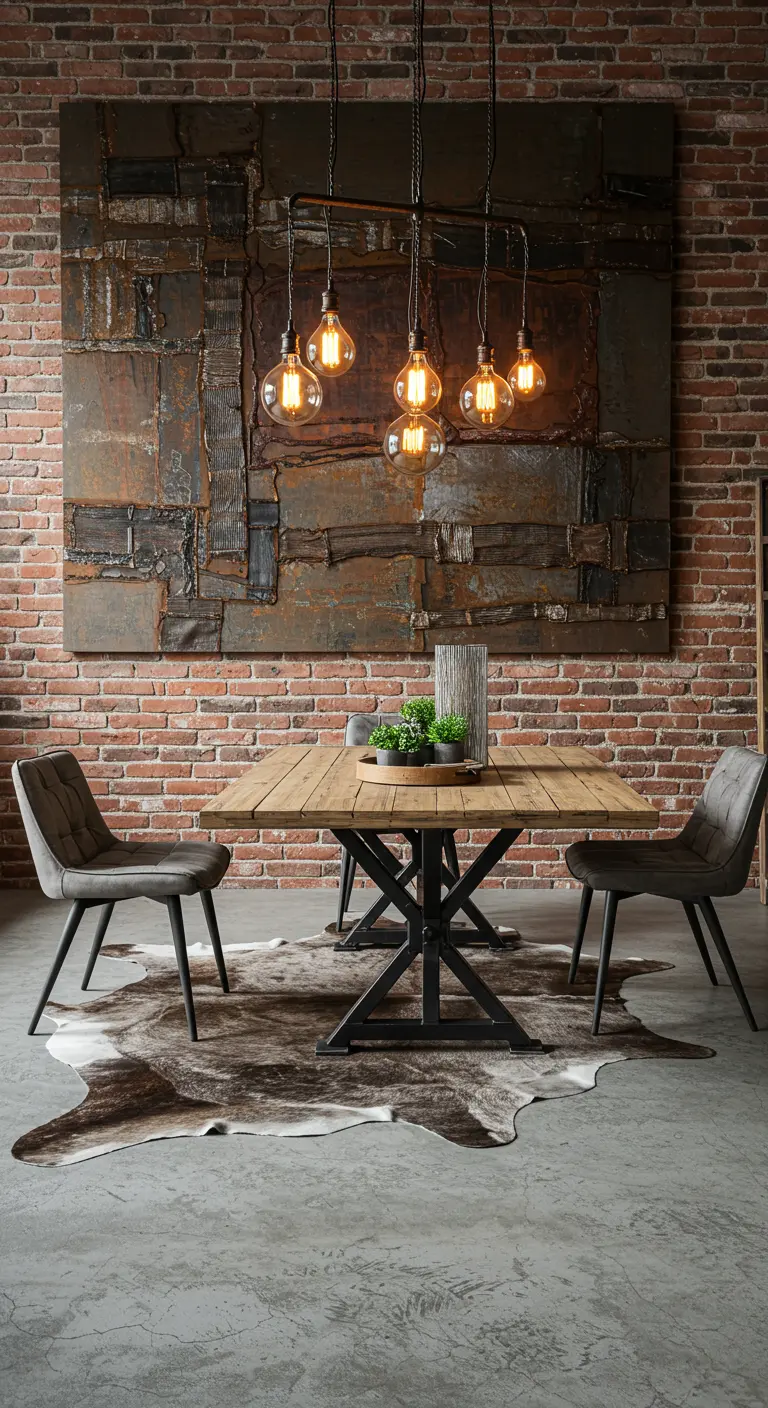 Industriële eetkamer met metalen wandpaneel, koeienhuid kleed en bakstenen muur.