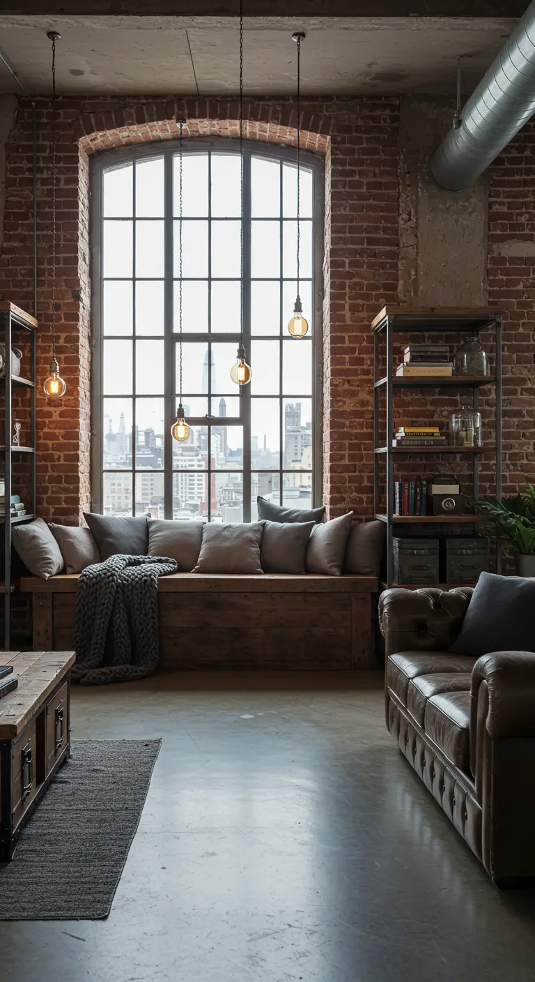 Industriële zitbank van hout voor groot raam, bakstenen muur, metalen planken.