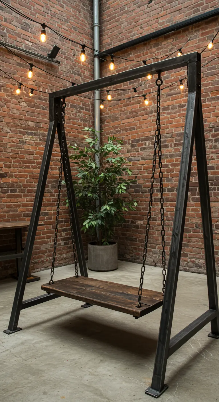 Industriële metalen A-frame schommel met houten zitting en kettingen, binnen tegen bakstenen muur.