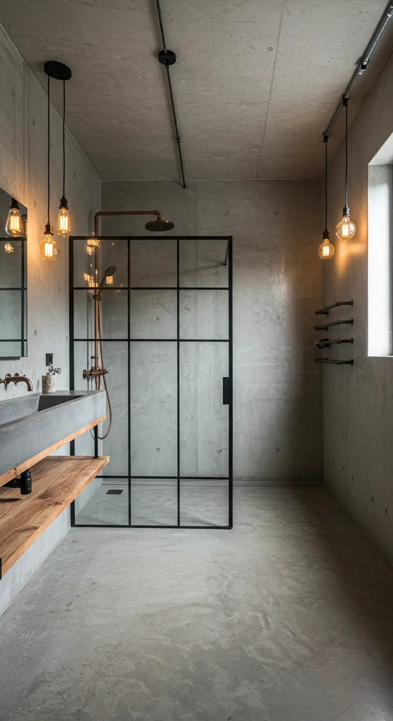 Industriële badkamer met betonlook, zwarte stalen douchewand en Edison lampen.