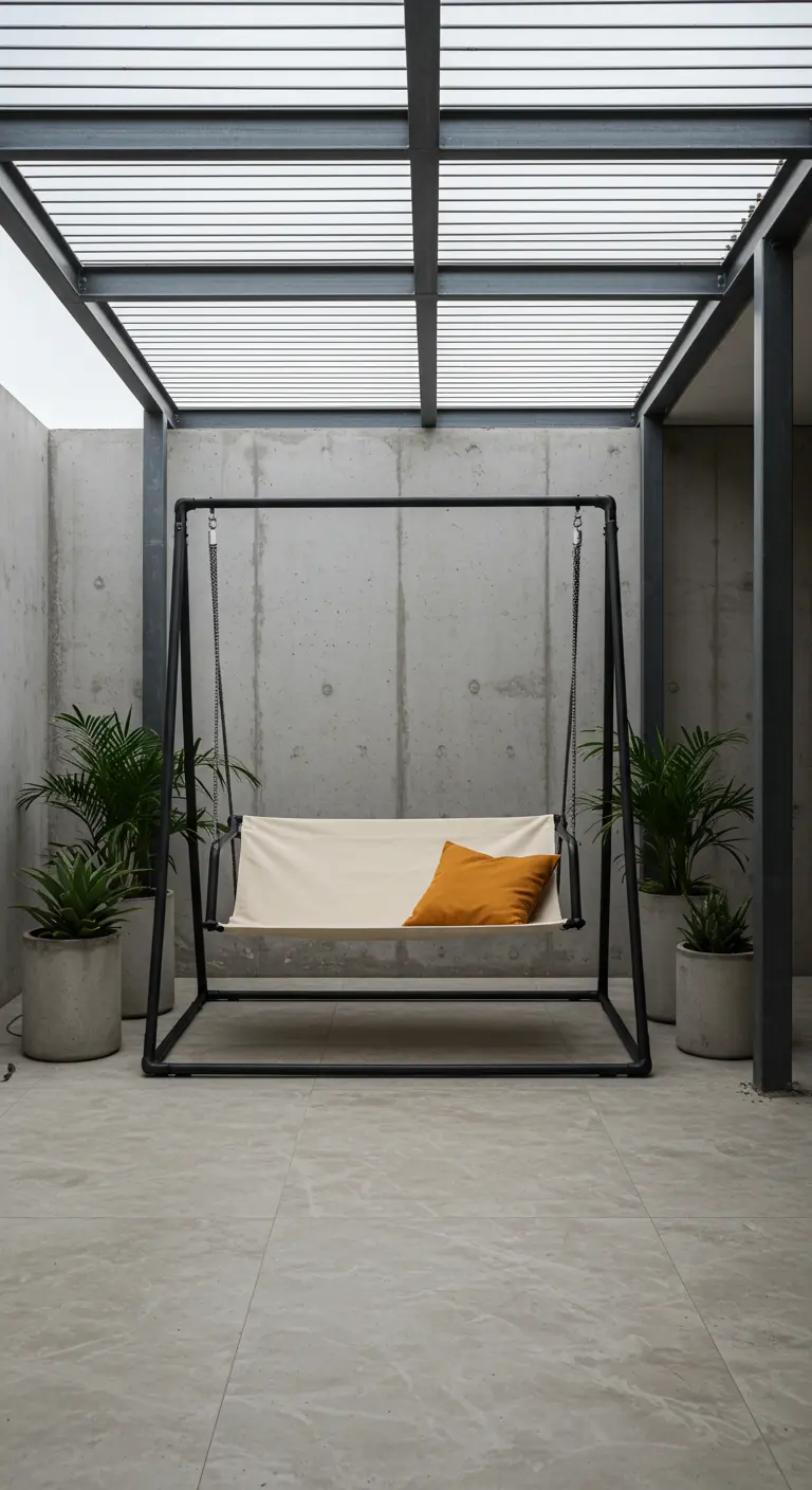 Minimalistische schommelbank met canvas zitting in betonnen patio.