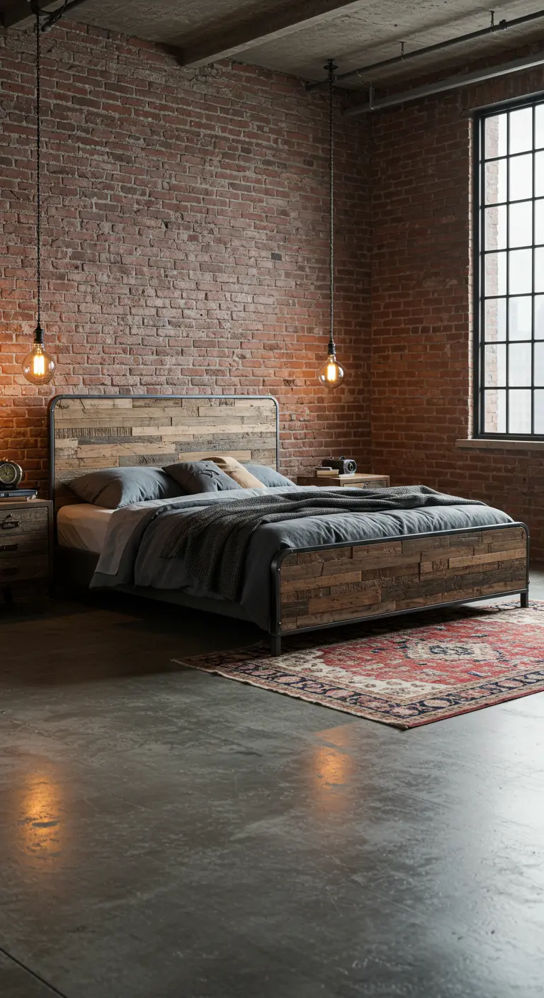 Industrieel bed met houten en metalen frame tegen een bakstenen muur, met Edison-lampen.
