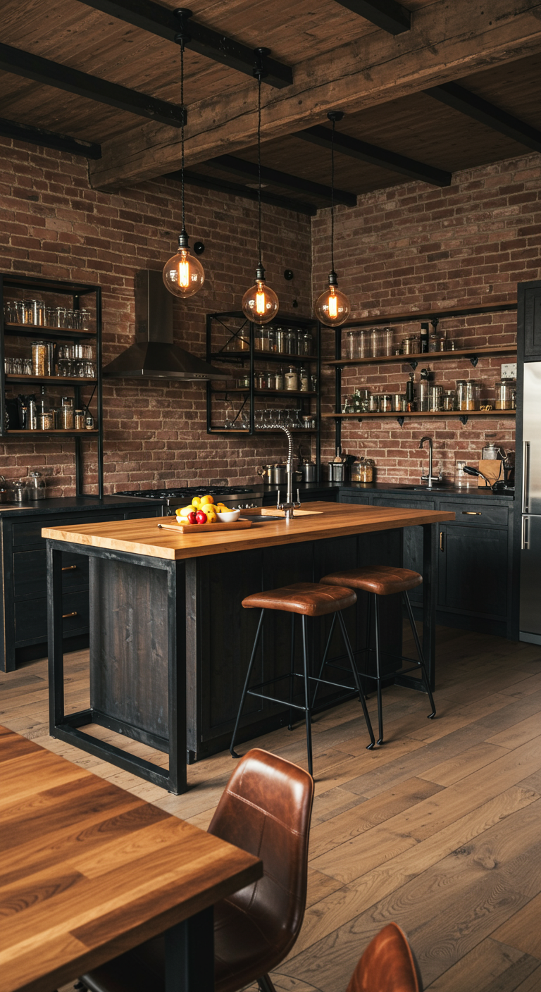 Industriële keuken met bakstenen muur, zwart metaal en houten werkblad.