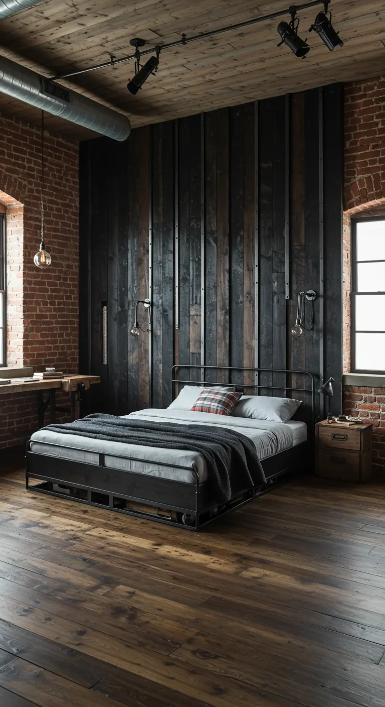 Industriële slaapkamer met zwarte houten lattenwand, bakstenen muur en metalen accenten.