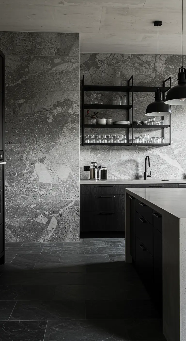 Donkere keuken met een grijze terrazzo-marmerlook wand, zwarte planken en donkere kasten.