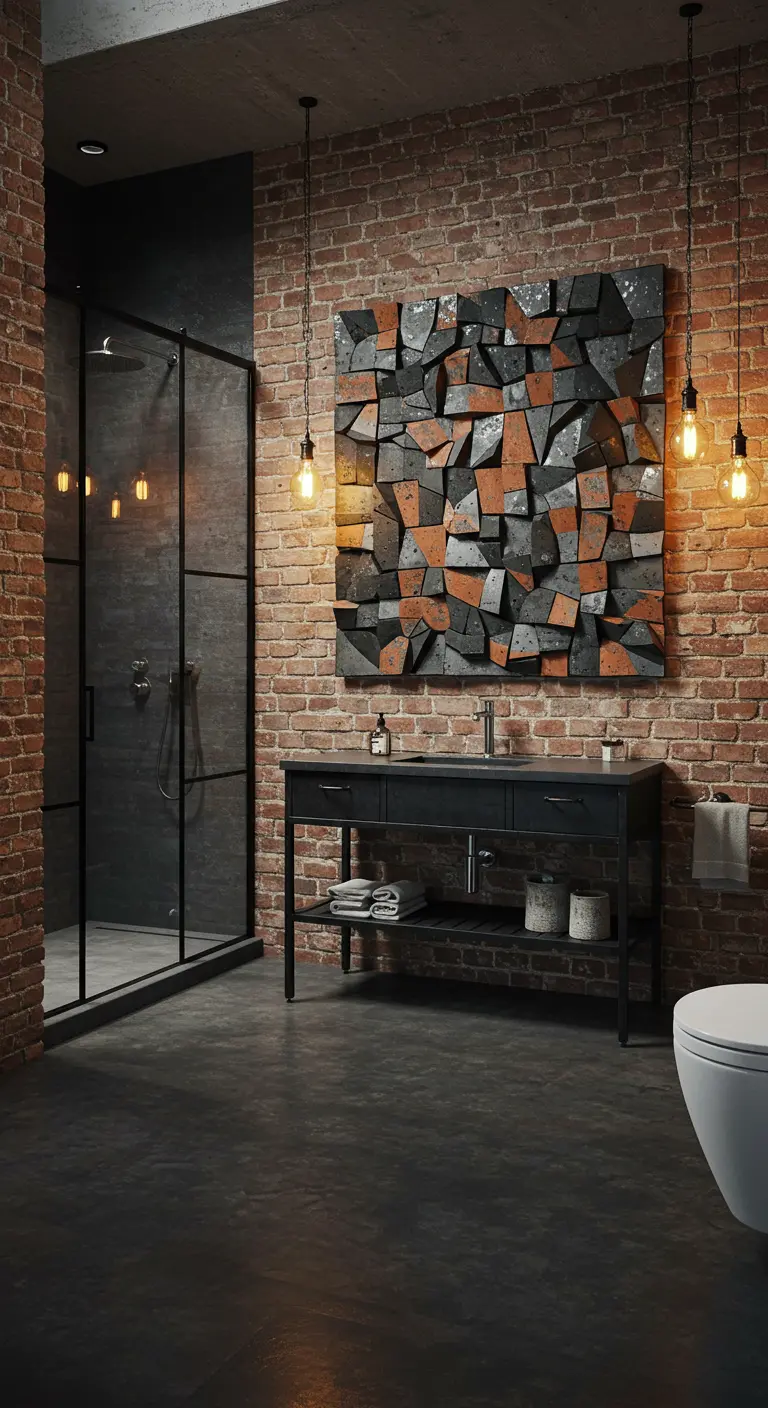 Industriële badkamer met bakstenen muur, zwarte ijzeren douchecabine en een groot abstract 3D kunstwerk.