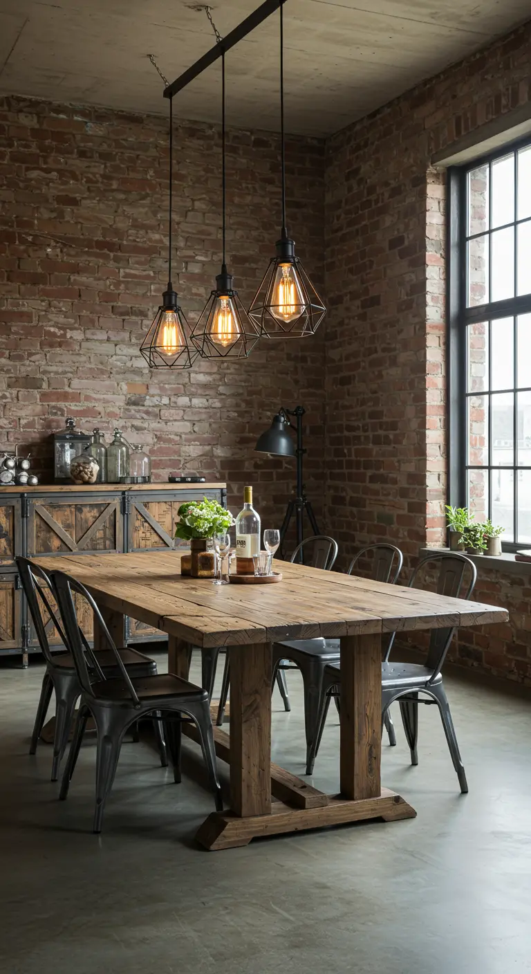 Drie industriële hanglampen met metalen kooien boven een houten tafel en metalen stoelen.