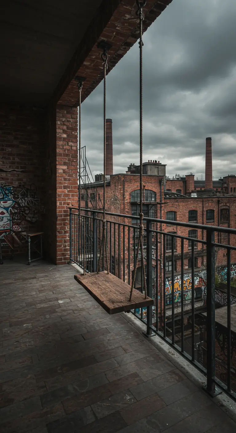 Eenvoudige houten schommelplank op een industrieel balkon met bakstenen muren.