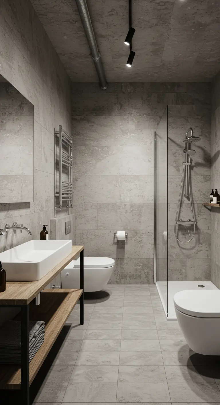 Industriële badkamer met betonlook tegels, open houten wastafelmeubel en zichtbare leiding.