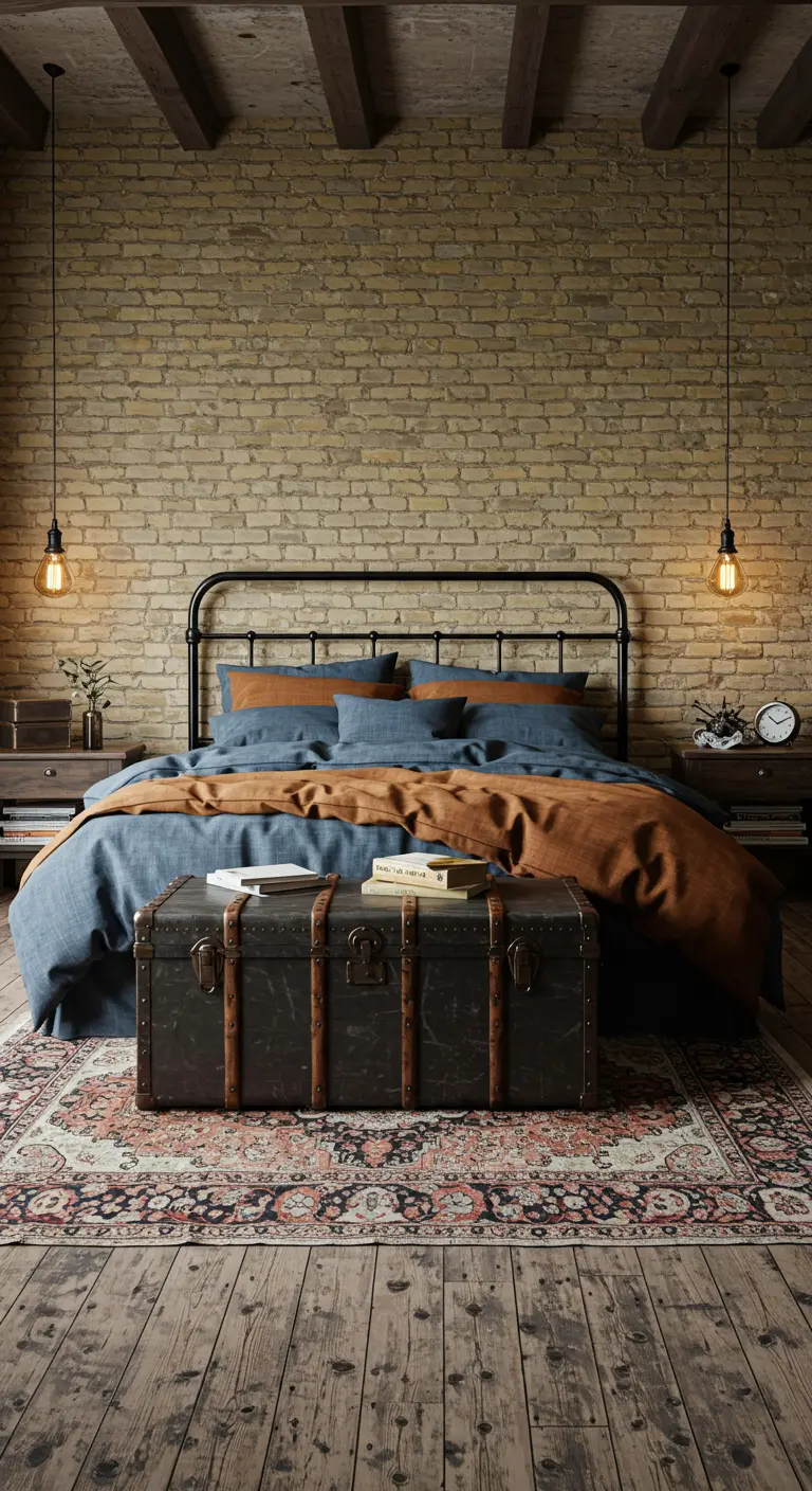 Industriële slaapkamer met bakstenen muur en vintage koffer.