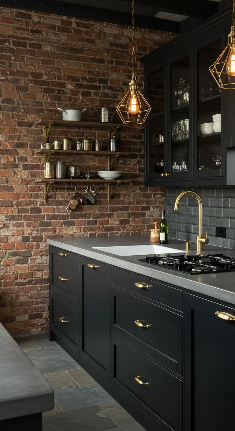 Keuken met bakstenen muur, zwarte kasten, messing knoppen, kraan en industriële hanglampen.